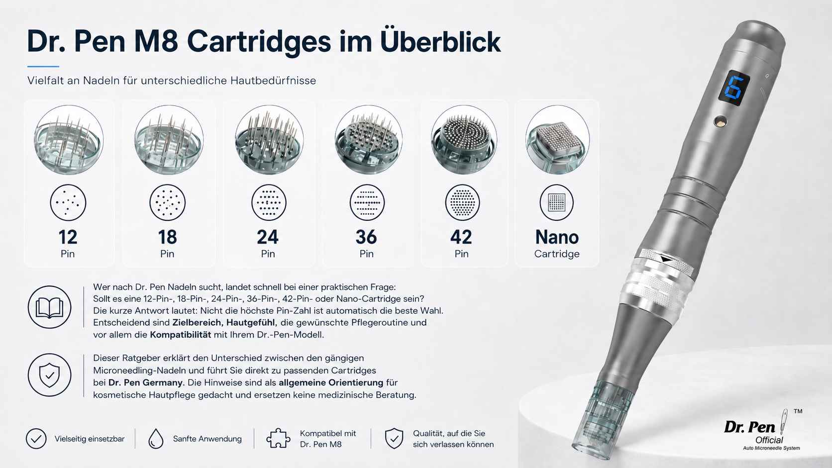 Dieser Ratgeber erklärt den Unterschied zwischen den gängigen Microneedling-Nadeln und führt Sie direkt zu passenden Cartridges bei Dr. Pen Germany. Die Hinweise sind als allgemeine Orientierung für kosmetische Hautpflege gedacht und ersetzen keine medizinische Beratung.